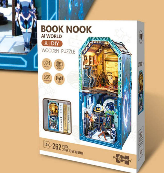 Productvisuals_Modelbouw 3D Wooden Puzzle Book Nook – AI Wereld2